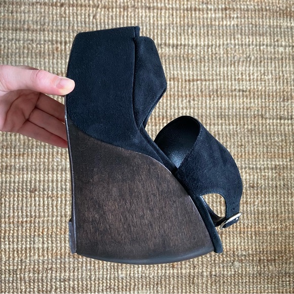 SOLD Loeffler Randall x Suno Black Suede Wedge Sandals Wooden Heel Leather - Picture 9 of 11